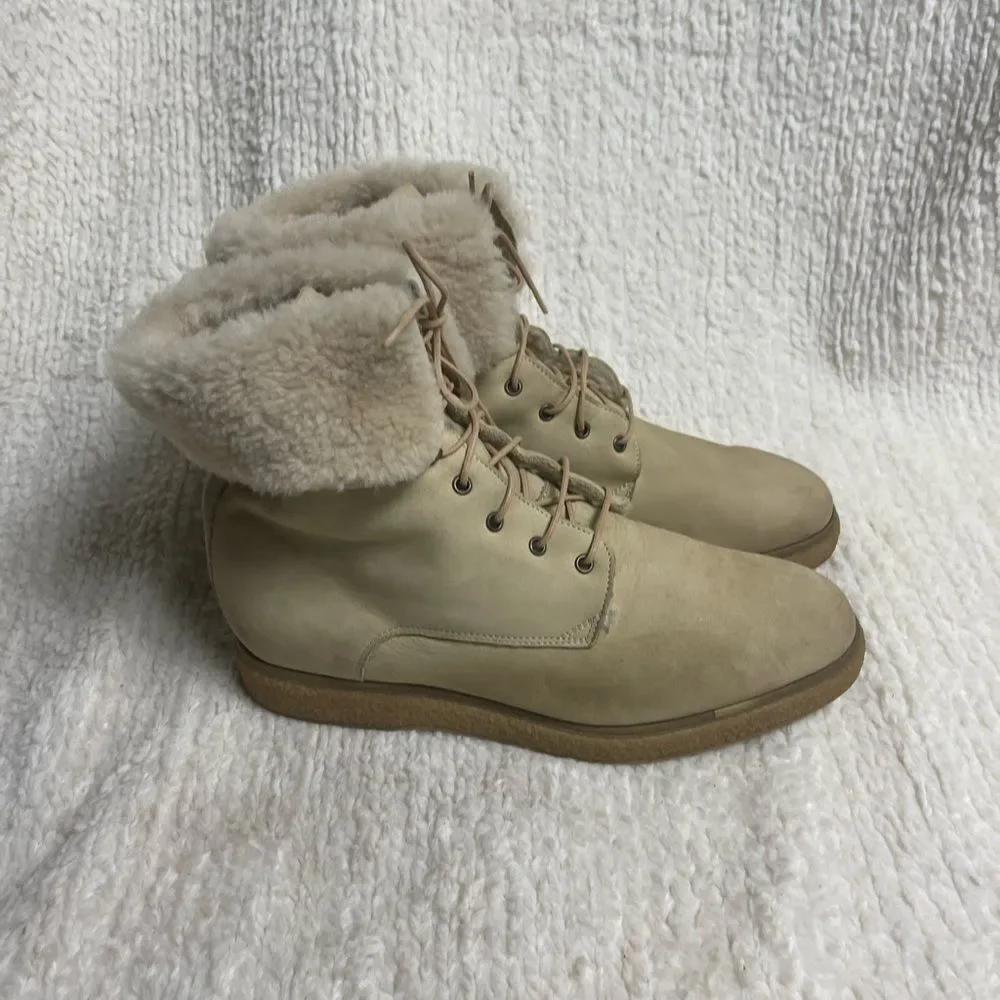 Vic Matié leather nubuck Khaki lace up Boots Shearling-Lined EUR SZ38